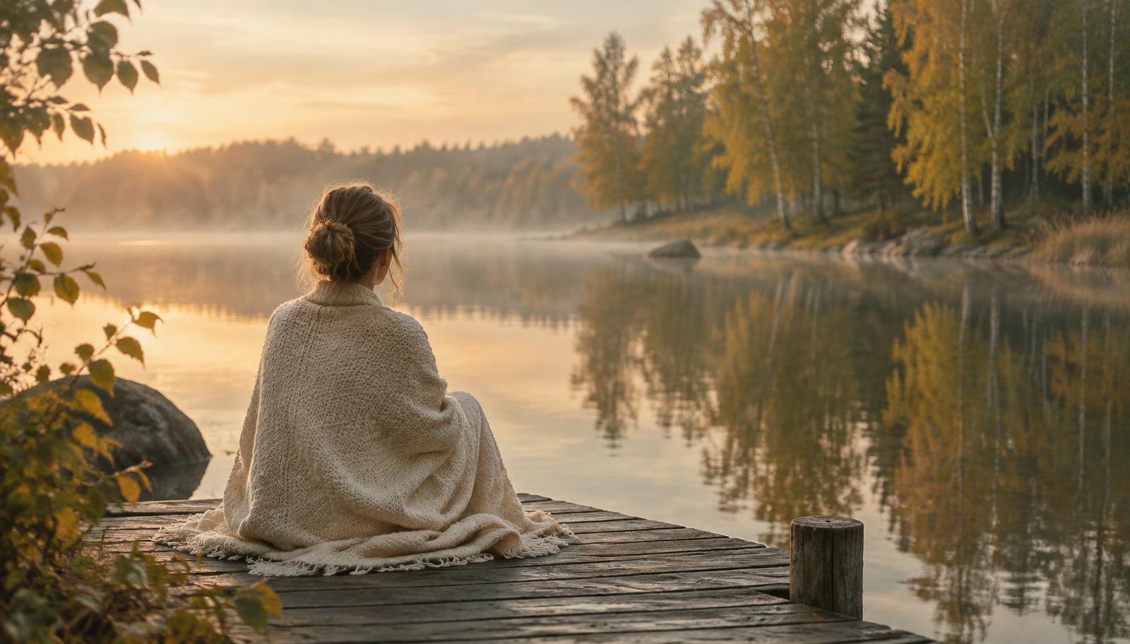 Nainen pysähtyy rauhallisen järven äärelle